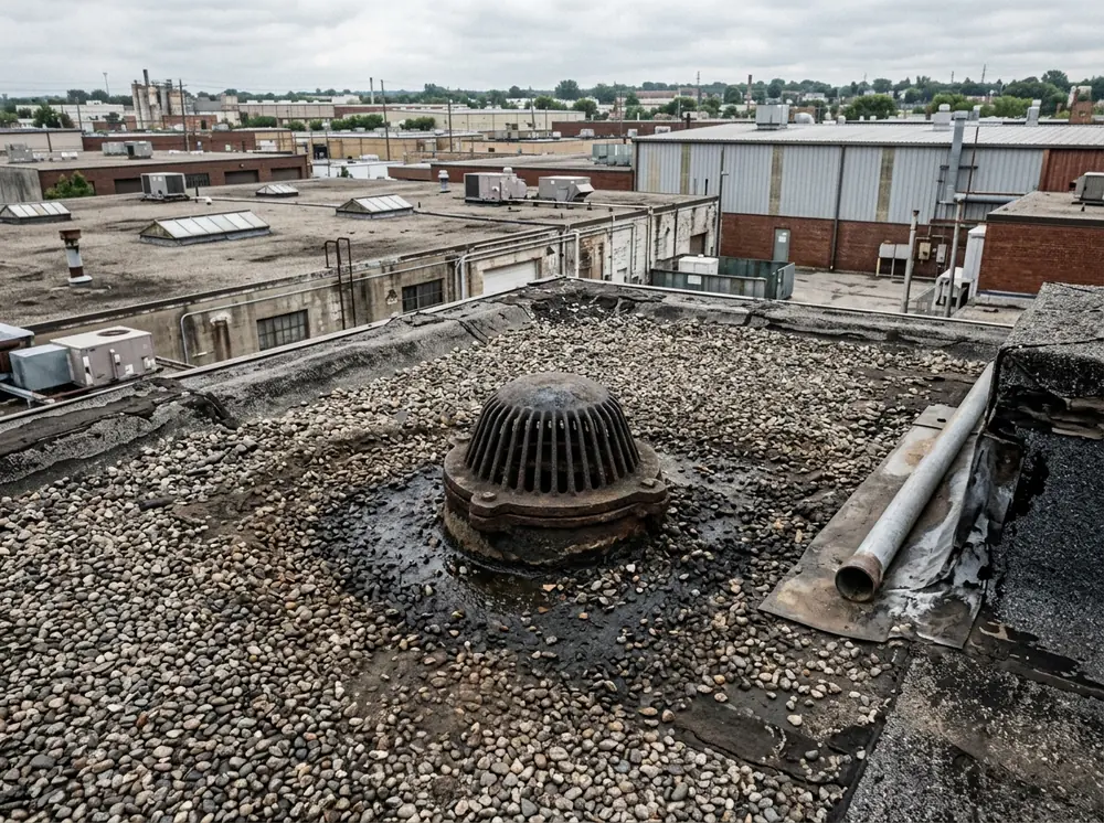 Older built-up tar and gravel roof with embedded pea gravel around a roof drain on a commercial building