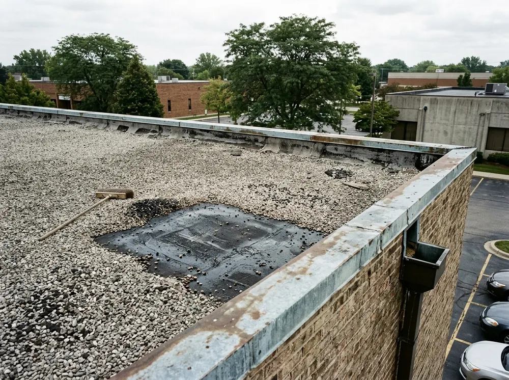 Built-up tar and gravel roof on an older commercial building with a metal gravel stop edge