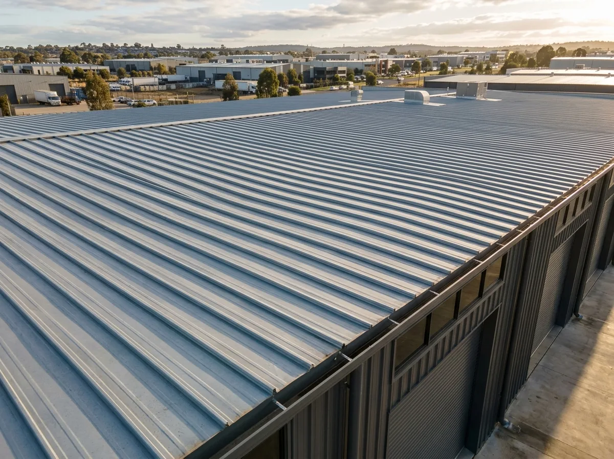 Mechanically seamed standing seam metal roof panels running toward the eave of a low-slope warehouse
