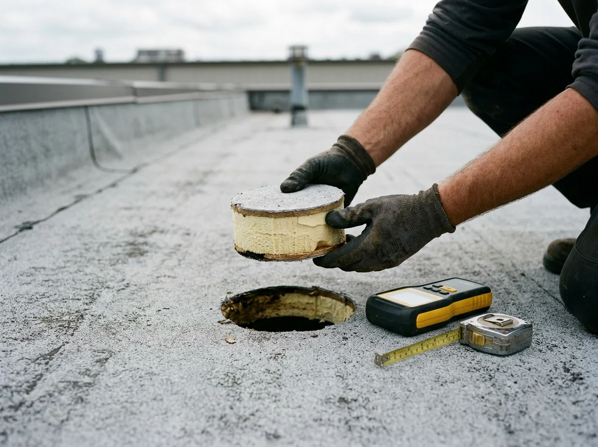 Gloved hands lifting a core sample cut from a flat roof, showing the membrane, cover board and foam insulation layers, beside a moisture meter