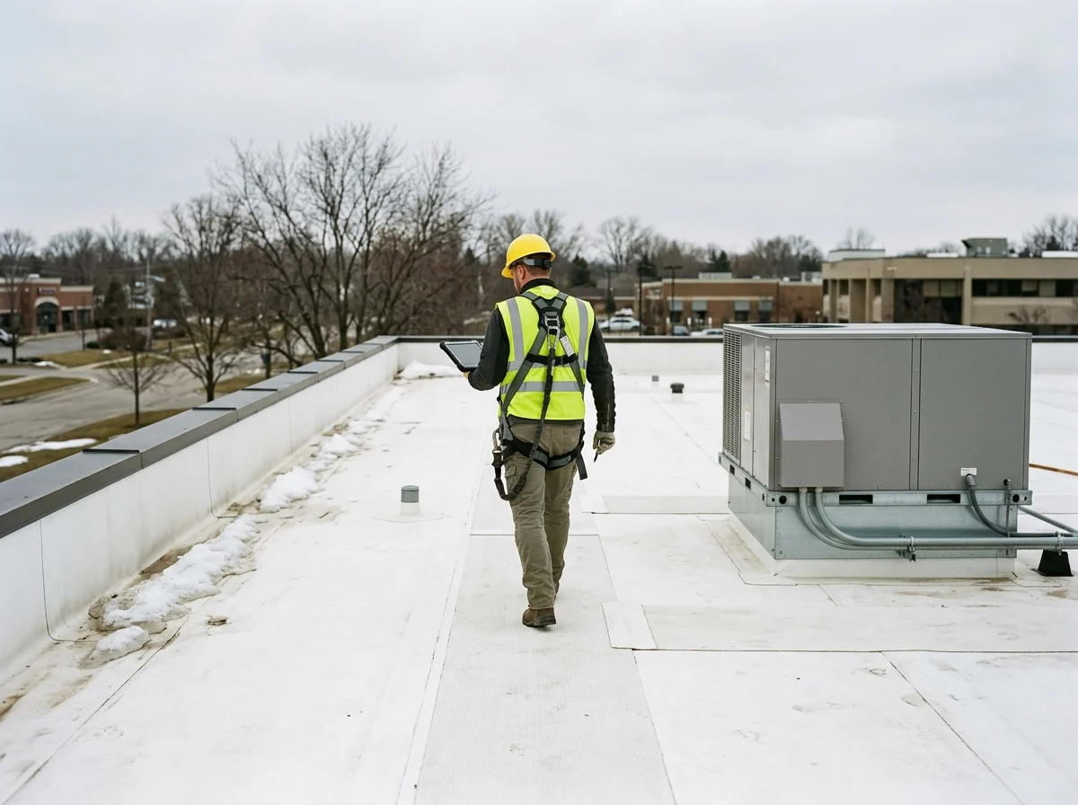 Roof inspector walking a white single-ply flat roof with a tablet beside a rooftop unit
