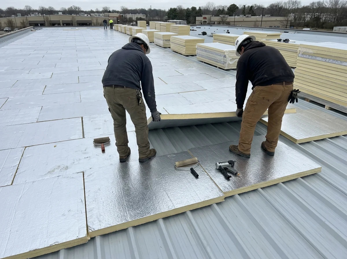 Stacked layers of foil-faced polyiso insulation boards being laid with staggered joints on a steel roof deck