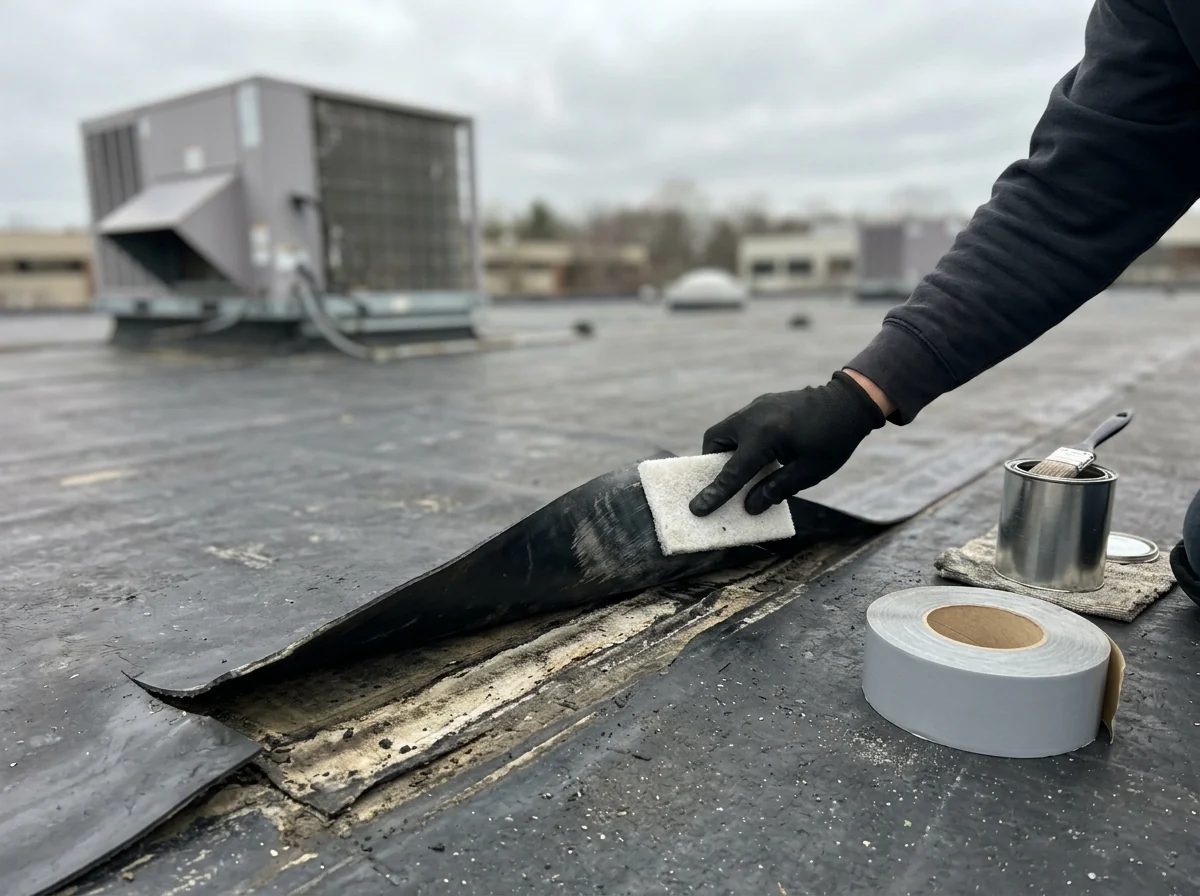 Open lap seam on a black EPDM flat roof being cleaned before a cover tape repair