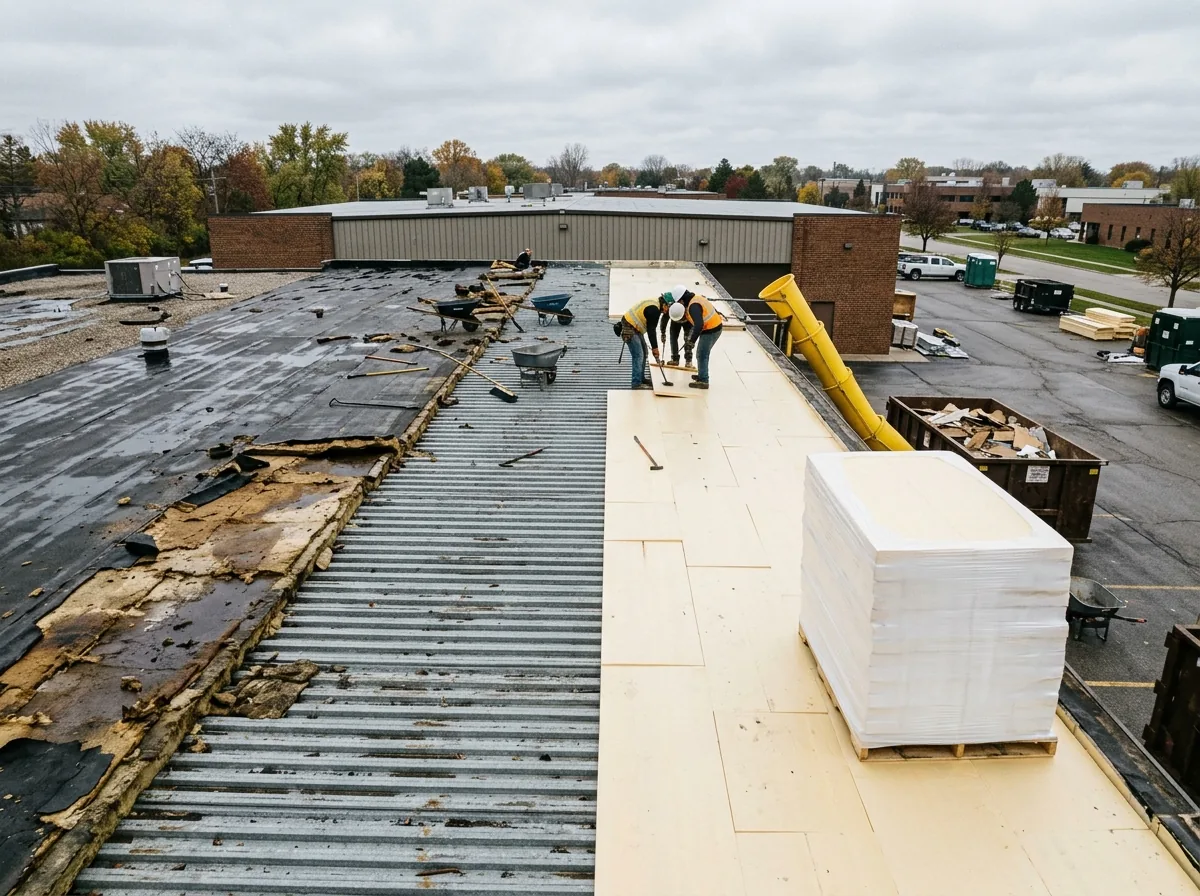 Commercial flat roof tear-off showing the exposed ribbed steel deck beside new insulation boards