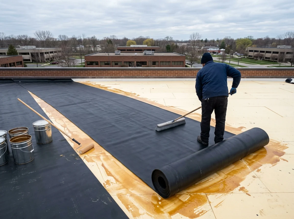 Black EPDM sheet being broomed into bonding adhesive over insulation boards on a flat commercial roof