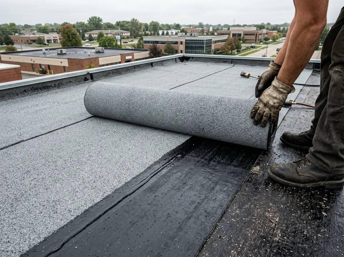 Granulated modified bitumen cap sheet being rolled out on a flat commercial roof