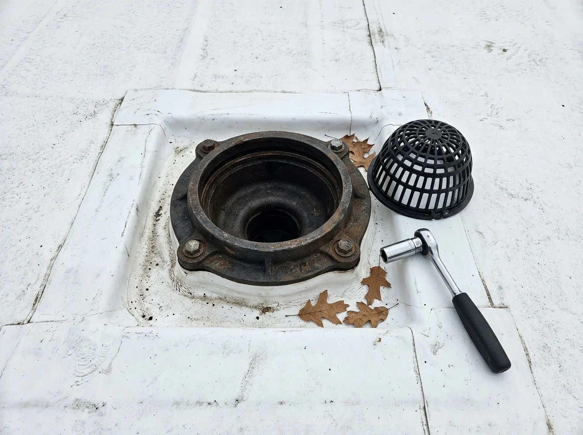 Cast iron roof drain with its clamping ring bolted down over a white membrane and the dome strainer set beside it