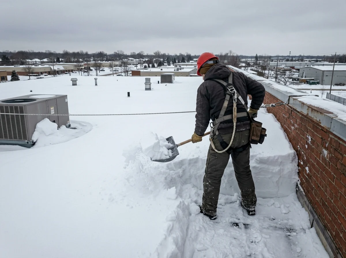 Worker from behind shoveling a deep snow drift away from a parapet wall on a flat commercial roof