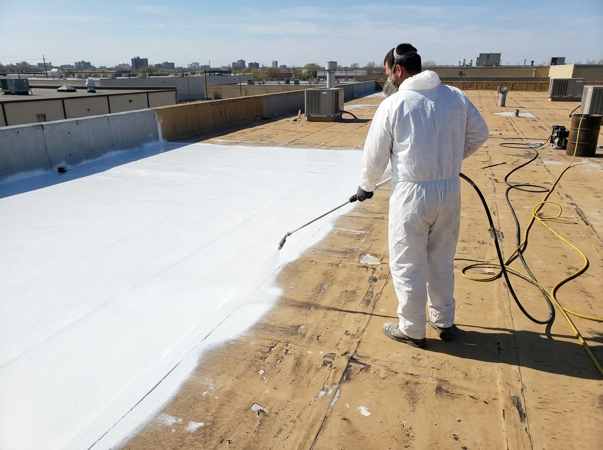 Spray rig applying white silicone coating over an aged commercial flat roof