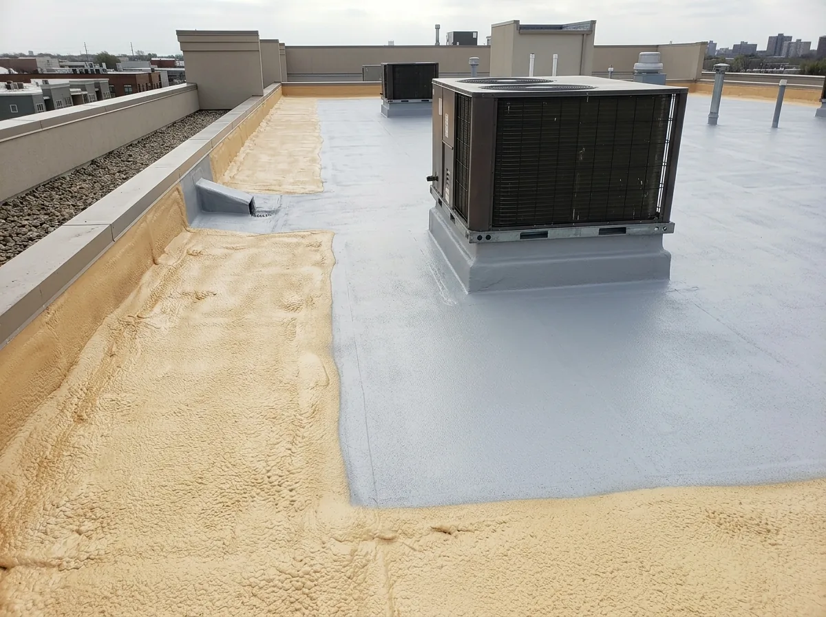 Spray polyurethane foam roof with a fresh protective coating on a commercial building