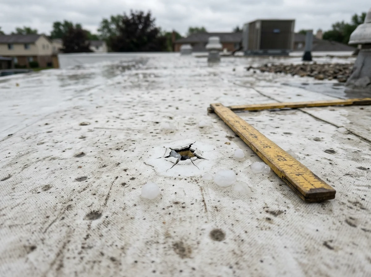 Close view of hail impact marks and a small fracture on a weathered white single-ply roof membrane