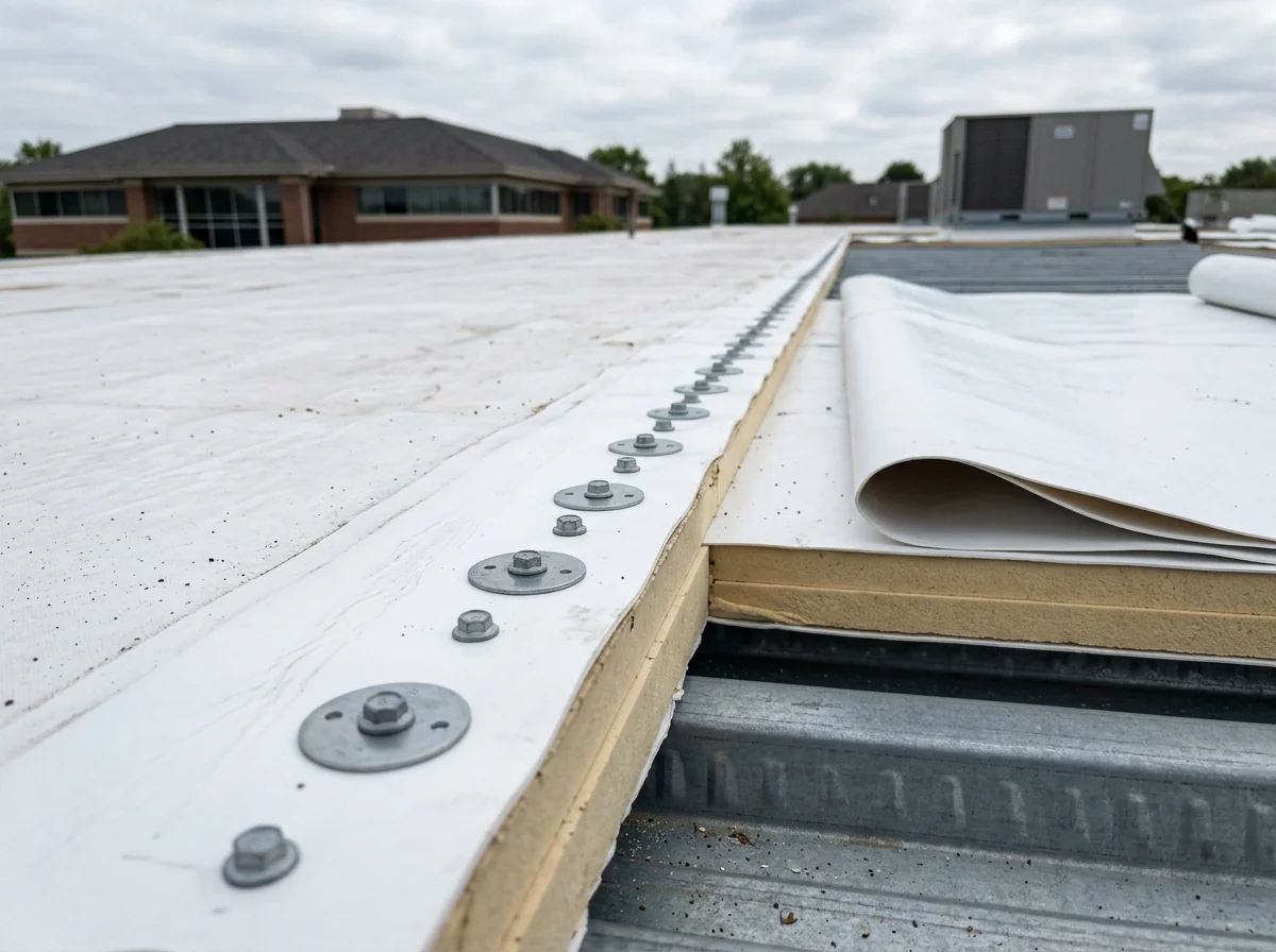 Rows of round fastening plates along the seam lap of a white TPO roof before welding